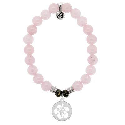 BRACELETS - Rose Quartz Stone Bracelet With Hibiscus Flower Sterling Silver Charm