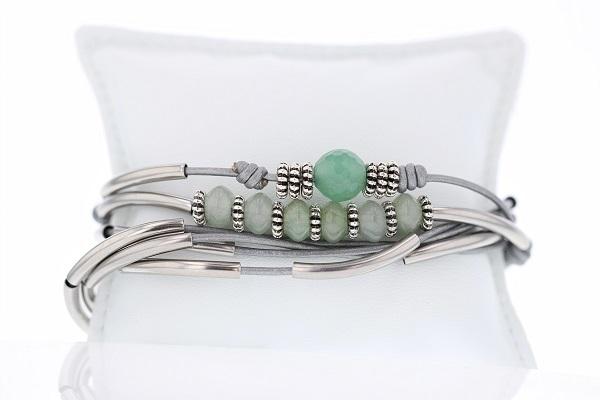 BRACELETS - Simone Bracelet-Necklace Convertible With Metallic Silver Leather Cord And Green Beads