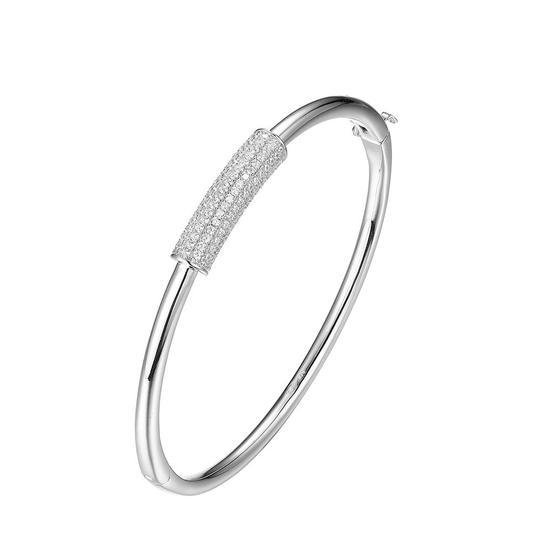 BRACELETS - Sterling Silver Hinged 6.75" Bangle With CZ Cylinder
