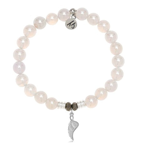 BRACELETS - White Agate Stone Bracelet With Angel Blessings Sterling Silver Charm