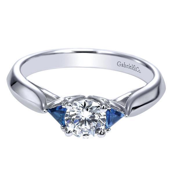 Round Diamond Ring With Trillion Sapphires 1/2ct 14K
