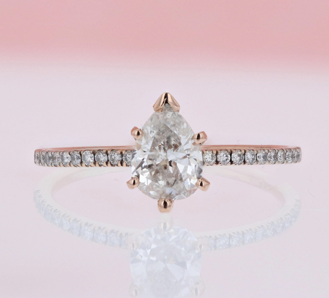 DIAMOND ENGAGEMENT RINGS - 14K Rose Gold .94cttw With .79ct H/I1 Center Pear Shaped Pave Diamond Engagement Ring