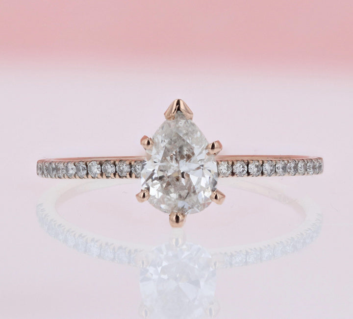 DIAMOND ENGAGEMENT RINGS - 14K Rose Gold .94cttw With .79ct H/I1 Center Pear Shaped Pave Diamond Engagement Ring