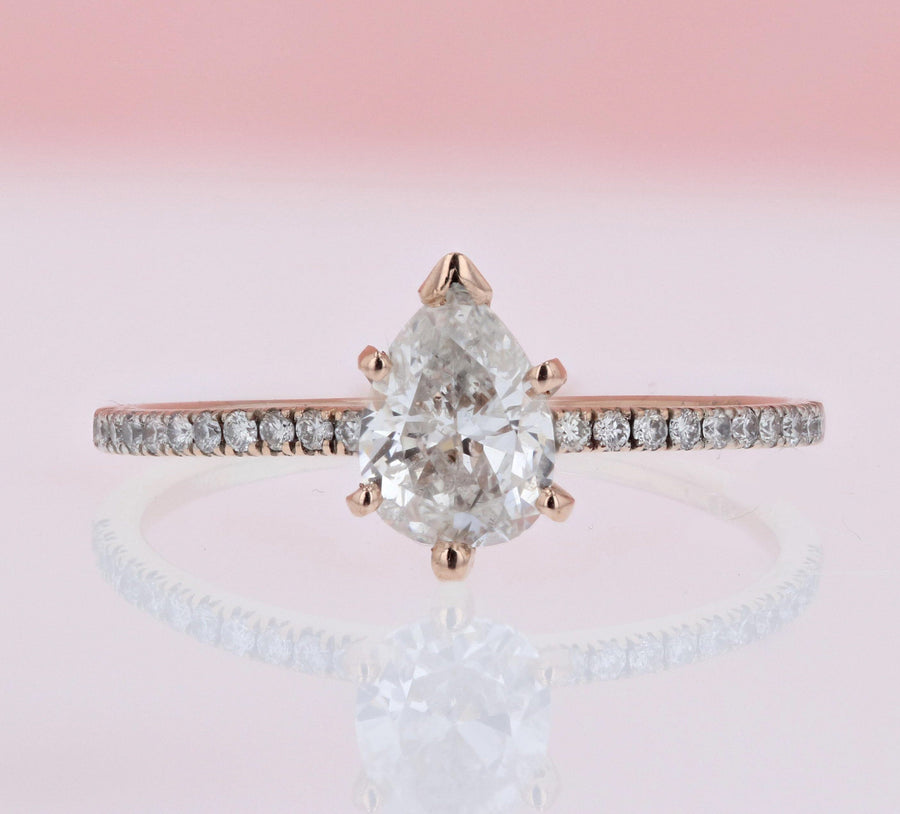 DIAMOND ENGAGEMENT RINGS - 14K Rose Gold .94cttw With .79ct H/I1 Center Pear Shaped Pave Diamond Engagement Ring