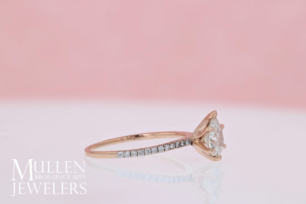 DIAMOND ENGAGEMENT RINGS - 14K Rose Gold .94cttw With .79ct H/I1 Center Pear Shaped Pave Diamond Engagement Ring