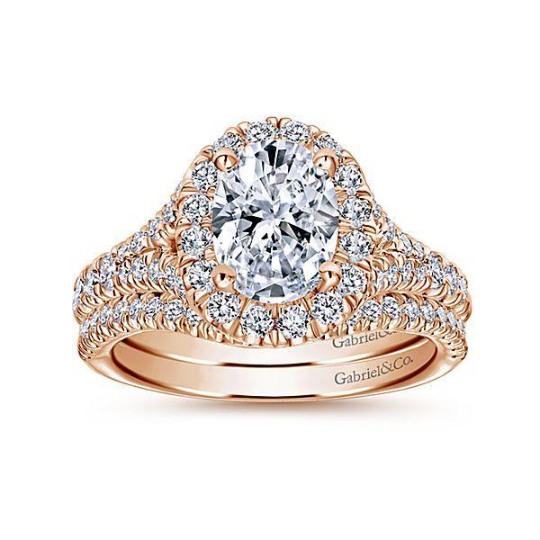 DIAMOND ENGAGEMENT RINGS - 14K Rose Gold Oval Halo Diamond Engagement Ring With Subtle Split Shank