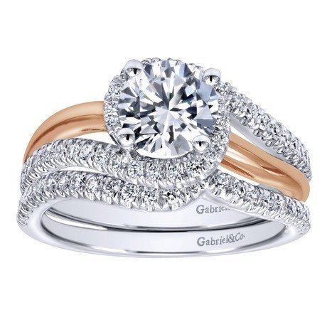 DIAMOND ENGAGEMENT RINGS - 14k Two-Tone Gold 1.30cttw Bypass Style Rose And White Gold Round Diamond Engagement Ring