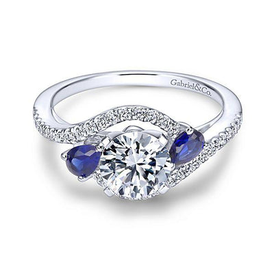 DIAMOND ENGAGEMENT RINGS - 14K White Gold 1.20cttw Bypass Style Round Diamond Engagement Ring With Side Sapphires