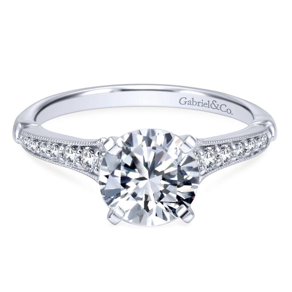 DIAMOND ENGAGEMENT RINGS - 14K White Gold 1.20cttw Pointed Vintage Shank Round Diamond Engagement Ring