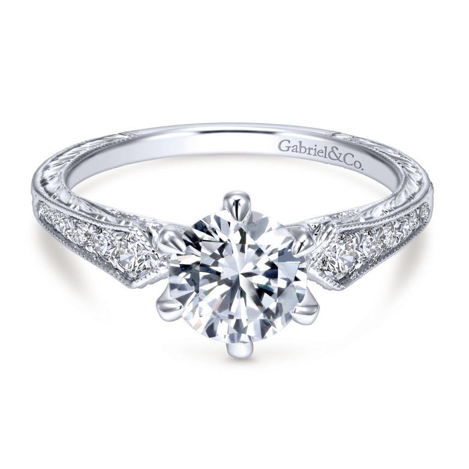 DIAMOND ENGAGEMENT RINGS - 14K White Gold 1.22cttw Pointed Vintage Shank Round Diamond Engagement Ring