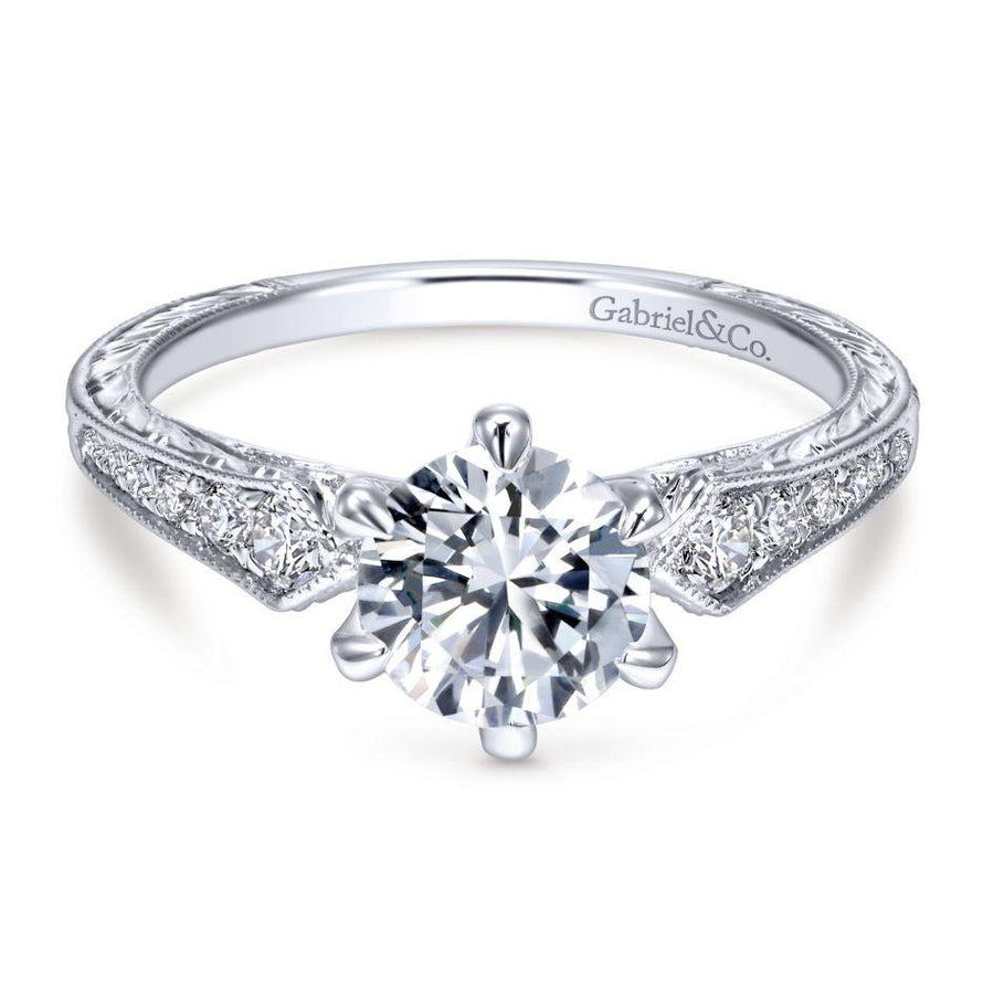DIAMOND ENGAGEMENT RINGS - 14K White Gold 1.22cttw Pointed Vintage Shank Round Diamond Engagement Ring