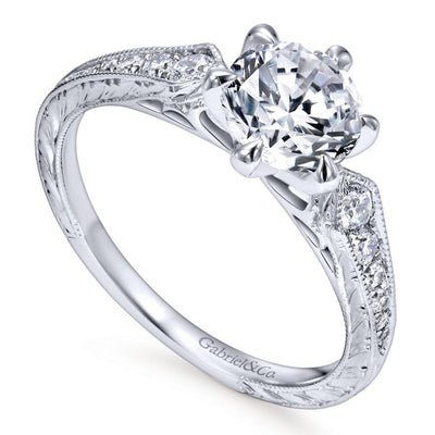 DIAMOND ENGAGEMENT RINGS - 14K White Gold 1.22cttw Pointed Vintage Shank Round Diamond Engagement Ring