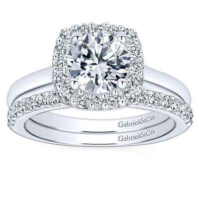 DIAMOND ENGAGEMENT RINGS - 14K White Gold 1.30cttw Cushion Shaped Halo Diamond Engagement Ring With Polished Shank