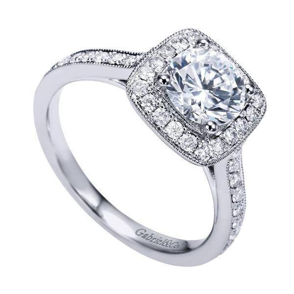 DIAMOND ENGAGEMENT RINGS - 14K White Gold 1.48cttw Bead Set Cushion Shaped Halo Round Diamond Engagement Ring