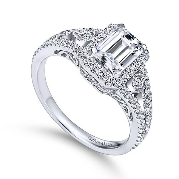 DIAMOND ENGAGEMENT RINGS - 14K White Gold 1.49cttw Vintage Inspired Emerald Cut Halo Diamond Engagement Ring