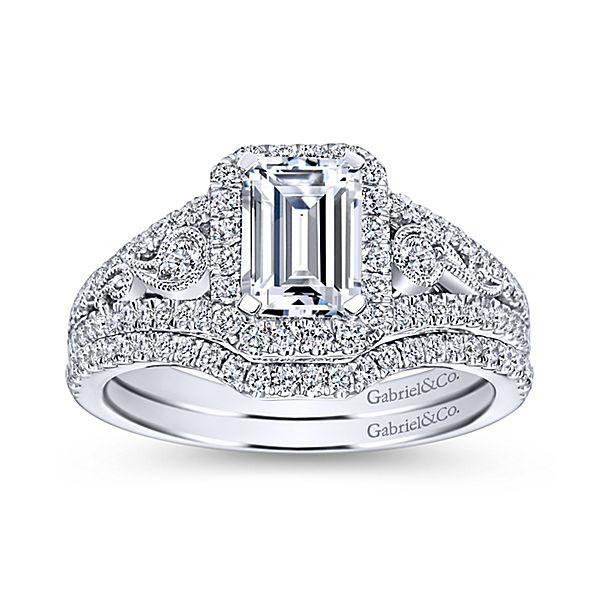 DIAMOND ENGAGEMENT RINGS - 14K White Gold 1.49cttw Vintage Inspired Emerald Cut Halo Diamond Engagement Ring