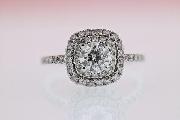 DIAMOND ENGAGEMENT RINGS - 14K White Gold 1.51cttw With .86ct G/VS2 EGL USA Cushion Shaped Double Halo Diamond Engagement Ring