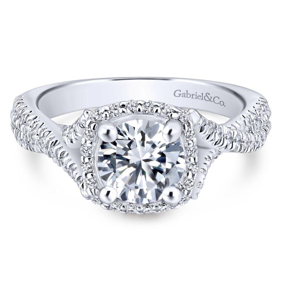 DIAMOND ENGAGEMENT RINGS - 14K White Gold 1.54cttw Crossover Double Shank With Halo Round Diamond Engagement Ring