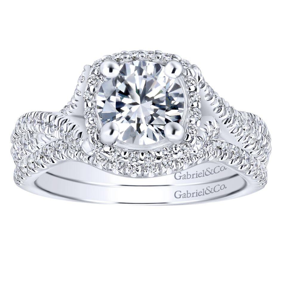 DIAMOND ENGAGEMENT RINGS - 14K White Gold 1.54cttw Crossover Double Shank With Halo Round Diamond Engagement Ring