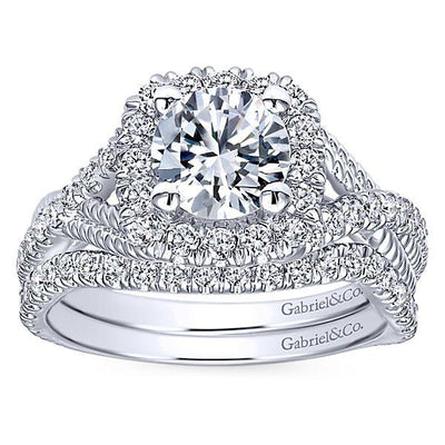 DIAMOND ENGAGEMENT RINGS - 14K White Gold 1.55cttw Crossover Cushion Shaped Halo Diamond Engagement Ring