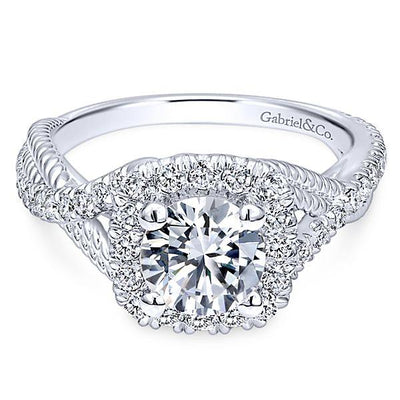 DIAMOND ENGAGEMENT RINGS - 14K White Gold 1.55cttw Crossover Cushion Shaped Halo Diamond Engagement Ring
