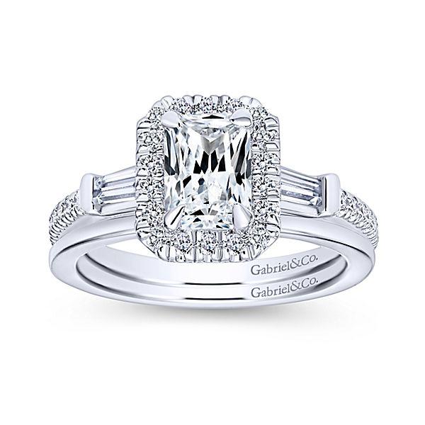 DIAMOND ENGAGEMENT RINGS - 14K White Gold 1.60cttw Emerald Cut Halo Diamond Engagement Ring With Baguette Accents