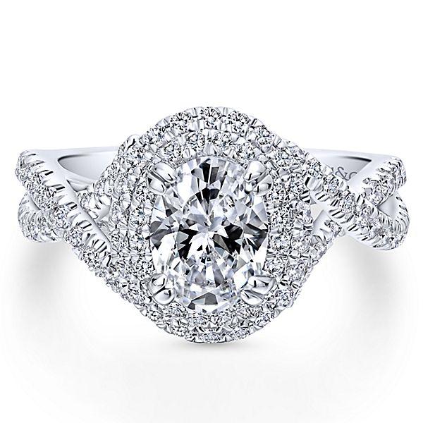 DIAMOND ENGAGEMENT RINGS - 14K White Gold 1.68cttw Oval Double Halo Diamond Engagement Ring With Crossover Shank