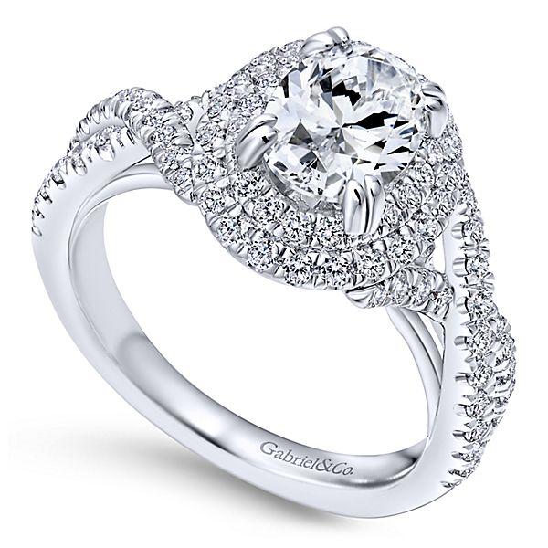 DIAMOND ENGAGEMENT RINGS - 14K White Gold 1.68cttw Oval Double Halo Diamond Engagement Ring With Crossover Shank