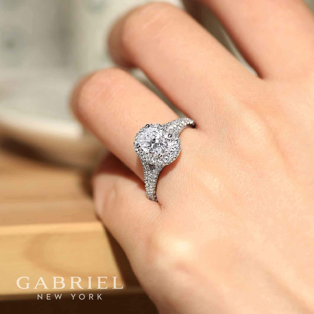 DIAMOND ENGAGEMENT RINGS - 14K White Gold 1.71cttw Oval Halo Diamond Engagement Ring With Subtle Split Shank