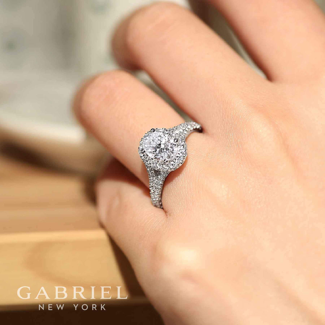 DIAMOND ENGAGEMENT RINGS - 14K White Gold 1.71cttw Oval Halo Diamond Engagement Ring With Subtle Split Shank
