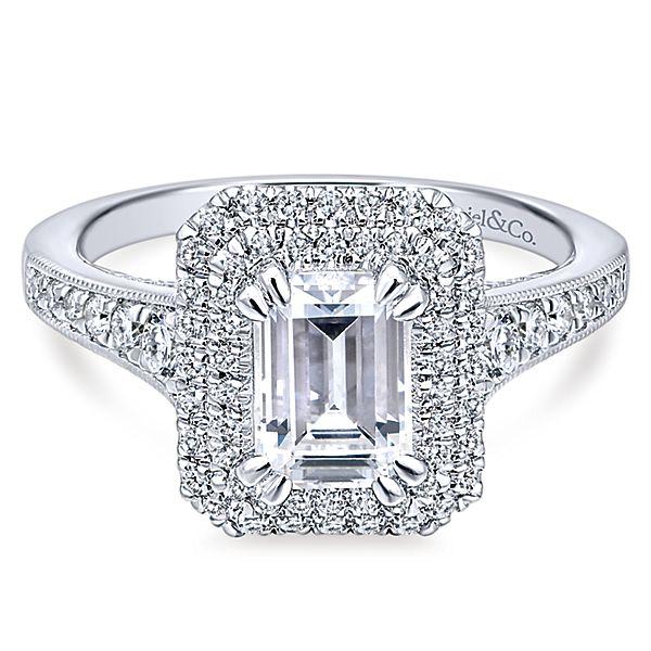DIAMOND ENGAGEMENT RINGS - 14K White Gold 1.71cttw Vintage Inspired Double Halo Emerald Cut Diamond Engagement Ring