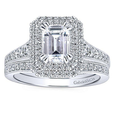 DIAMOND ENGAGEMENT RINGS - 14K White Gold 1.71cttw Vintage Inspired Double Halo Emerald Cut Diamond Engagement Ring