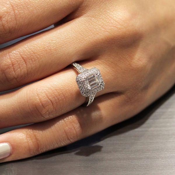 DIAMOND ENGAGEMENT RINGS - 14K White Gold 1.71cttw Vintage Inspired Double Halo Emerald Cut Diamond Engagement Ring