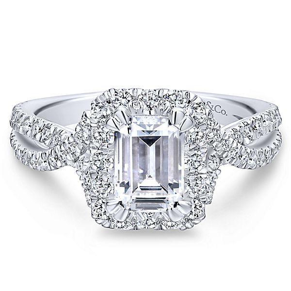 DIAMOND ENGAGEMENT RINGS - 14K White Gold 1.73cttw Emerald Cut Halo Diamond Engagement Ring With Crossover Shank