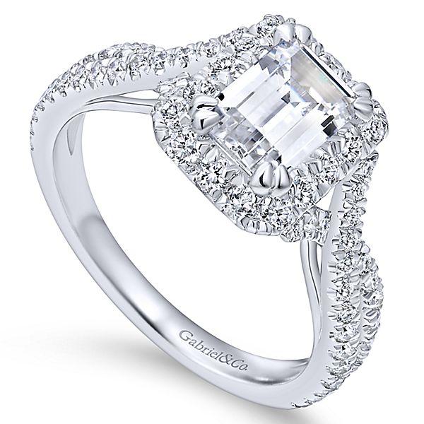 DIAMOND ENGAGEMENT RINGS - 14K White Gold 1.73cttw Emerald Cut Halo Diamond Engagement Ring With Crossover Shank