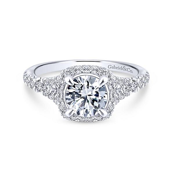 DIAMOND ENGAGEMENT RINGS - 14K White Gold 1.79cttw Double Cushion Halo Split Shank Round Diamond Engagement Ring