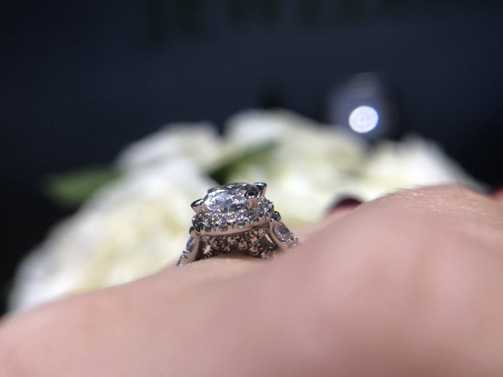 DIAMOND ENGAGEMENT RINGS - 14K White Gold 1.80cttw Oval Halo Diamond Engagement Ring With Tapered Diamond Sides