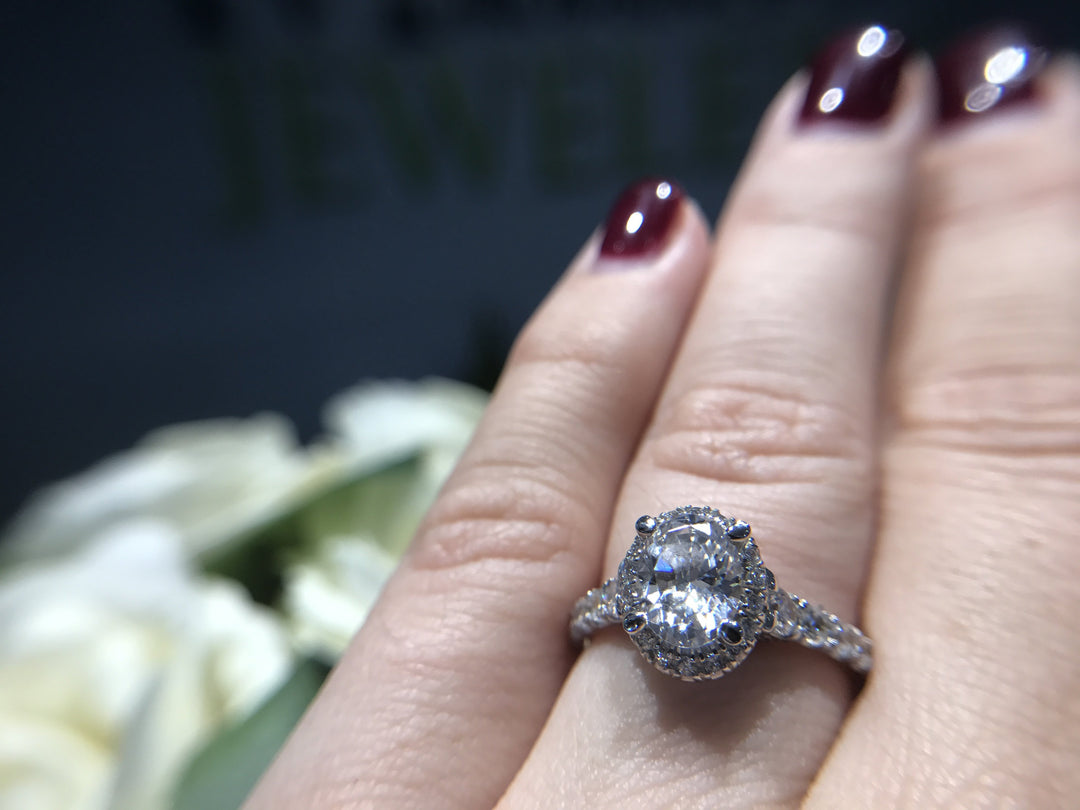 DIAMOND ENGAGEMENT RINGS - 14K White Gold 1.80cttw Oval Halo Diamond Engagement Ring With Tapered Diamond Sides