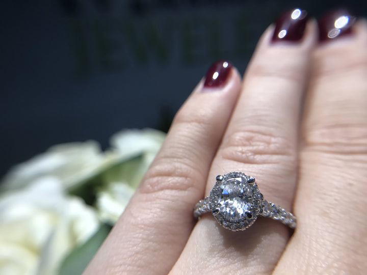 DIAMOND ENGAGEMENT RINGS - 14K White Gold 1.80cttw Oval Halo Diamond Engagement Ring With Tapered Diamond Sides