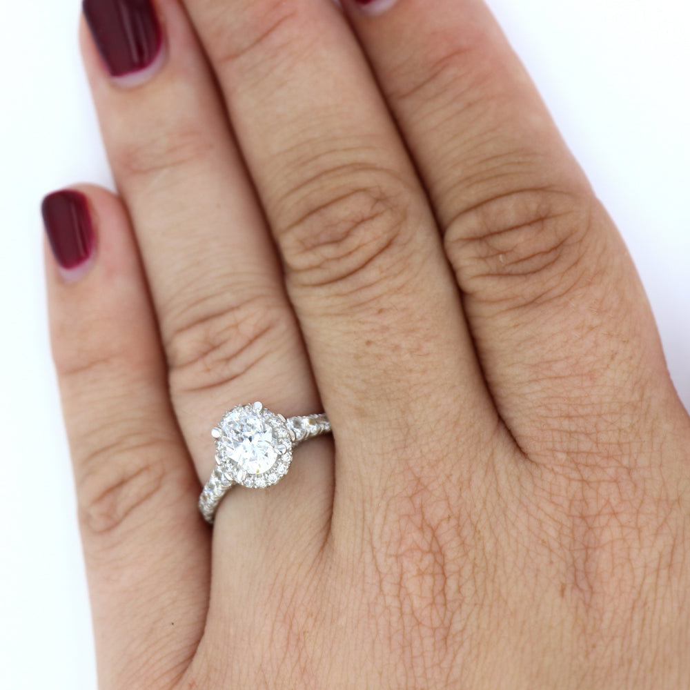 DIAMOND ENGAGEMENT RINGS - 14K White Gold 1.80cttw Oval Halo Diamond Engagement Ring With Tapered Diamond Sides