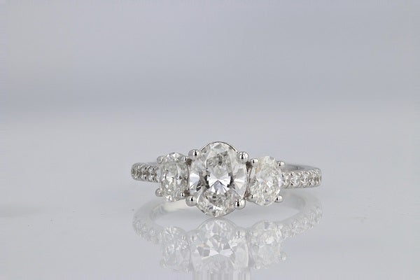 DIAMOND ENGAGEMENT RINGS - 14K White Gold 1.80cttw With 1.00ct F/SI1 Lab Grown Oval Cut 3-Stone Plus Diamond Engagement Ring.