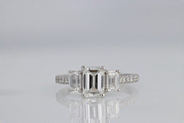 DIAMOND ENGAGEMENT RINGS - 14K White Gold 1.80cttw With 1.02ct F/VS2 Lab Grown Emerald Cut 3-Stone Plus Diamond Engagement Ring.