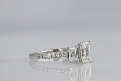DIAMOND ENGAGEMENT RINGS - 14K White Gold 1.80cttw With 1.02ct F/VS2 Lab Grown Emerald Cut 3-Stone Plus Diamond Engagement Ring.
