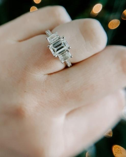 DIAMOND ENGAGEMENT RINGS - 14K White Gold 1.80cttw With 1.02ct F/VS2 Lab Grown Emerald Cut 3-Stone Plus Diamond Engagement Ring.