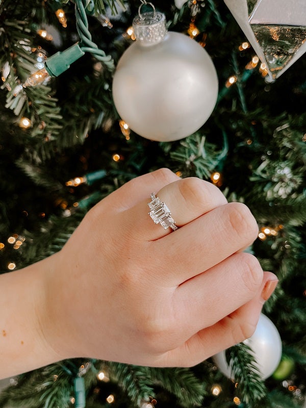 DIAMOND ENGAGEMENT RINGS - 14K White Gold 1.80cttw With 1.02ct F/VS2 Lab Grown Emerald Cut 3-Stone Plus Diamond Engagement Ring.