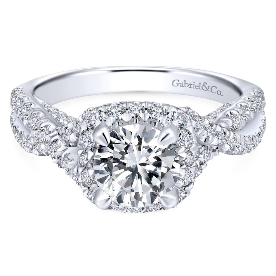 DIAMOND ENGAGEMENT RINGS - 14K White Gold 1.85cttw Cushion Shaped Halo With Crossover Shank Round Diamond Engagement Ring