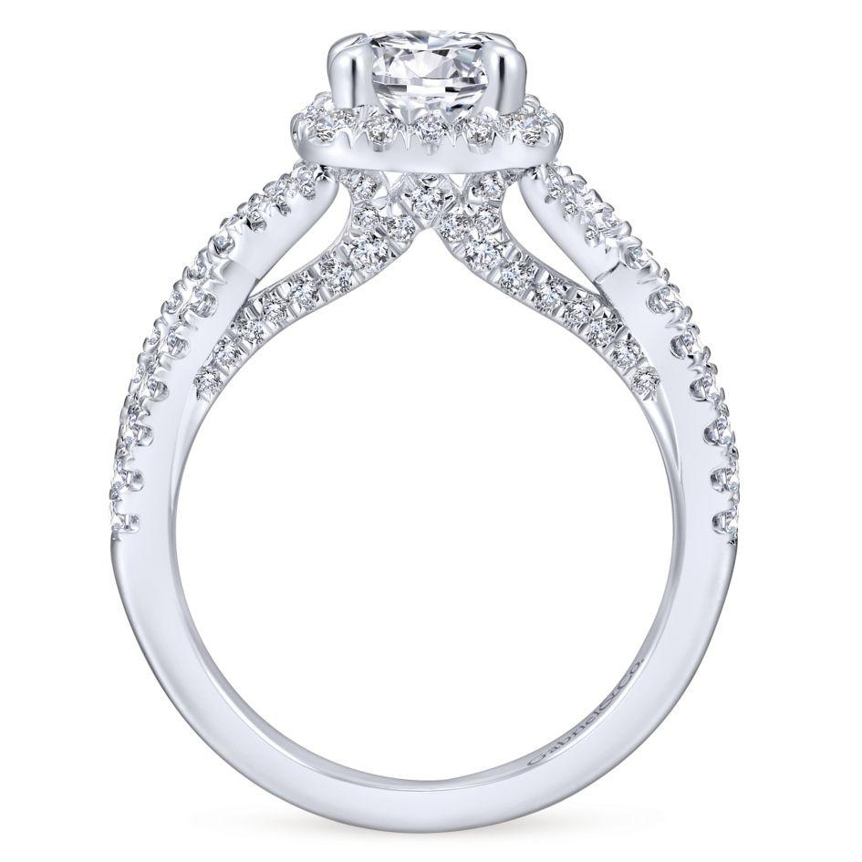 DIAMOND ENGAGEMENT RINGS - 14K White Gold 1.85cttw Cushion Shaped Halo With Crossover Shank Round Diamond Engagement Ring