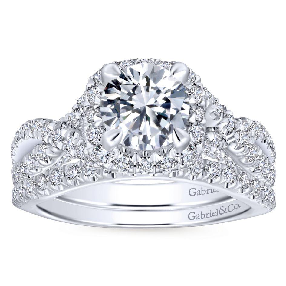 DIAMOND ENGAGEMENT RINGS - 14K White Gold 1.85cttw Cushion Shaped Halo With Crossover Shank Round Diamond Engagement Ring