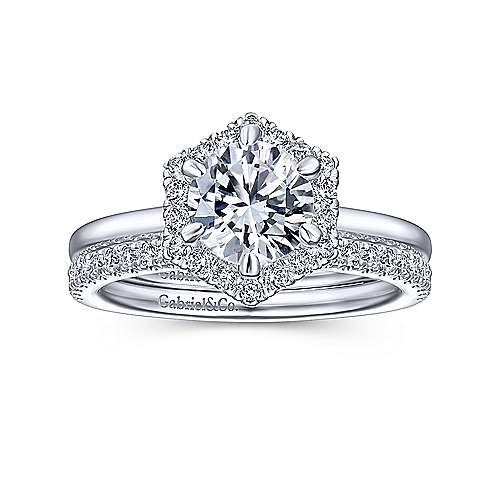 DIAMOND ENGAGEMENT RINGS - 14k White Gold .16cttw Contemporary Hexagon Halo Diamond Engagement Mounting