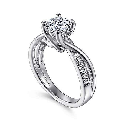 DIAMOND ENGAGEMENT RINGS - 14K White Gold .16cttw Crossover Bead Set And Polished Round Diamond Engagement Ring
